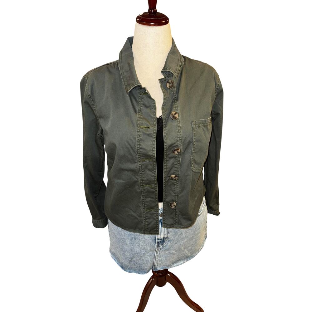 Cabi Dark Green Canvas Button Up Shirt Jacket Stretch Cotton‎ Women’s Small